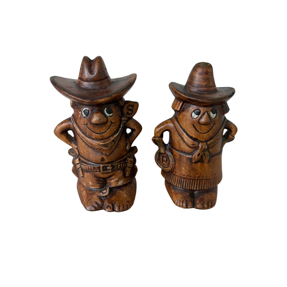 Treasure Craft Salt Pepper Shakers Cowboy Cowgirl Brown Excellent Vintage USA